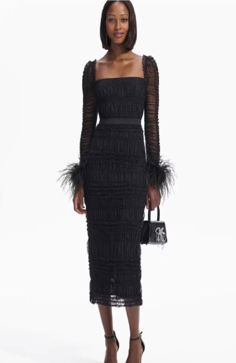 Self-Portrait- Shirred Polka-Dot Tulle Midi