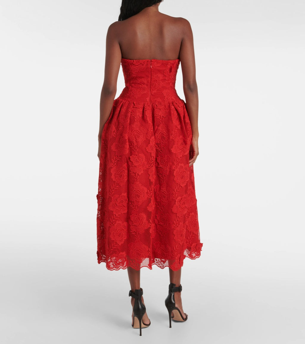Self Portrait- red bandeau-style lace midi