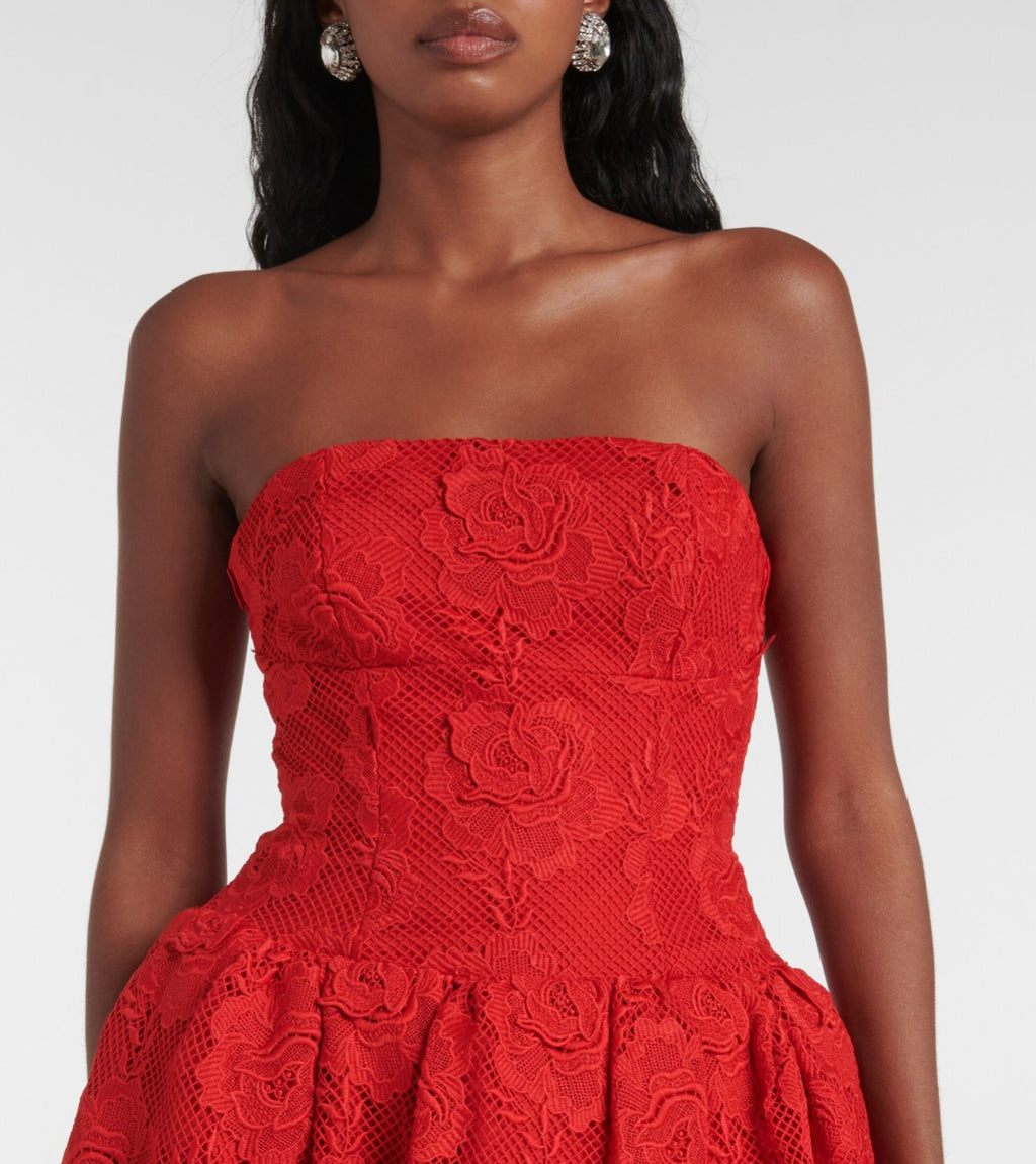 Self Portrait- red bandeau-style lace midi