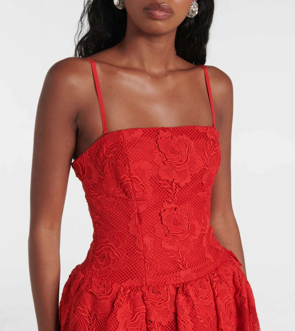 Self Portrait- red bandeau-style lace midi