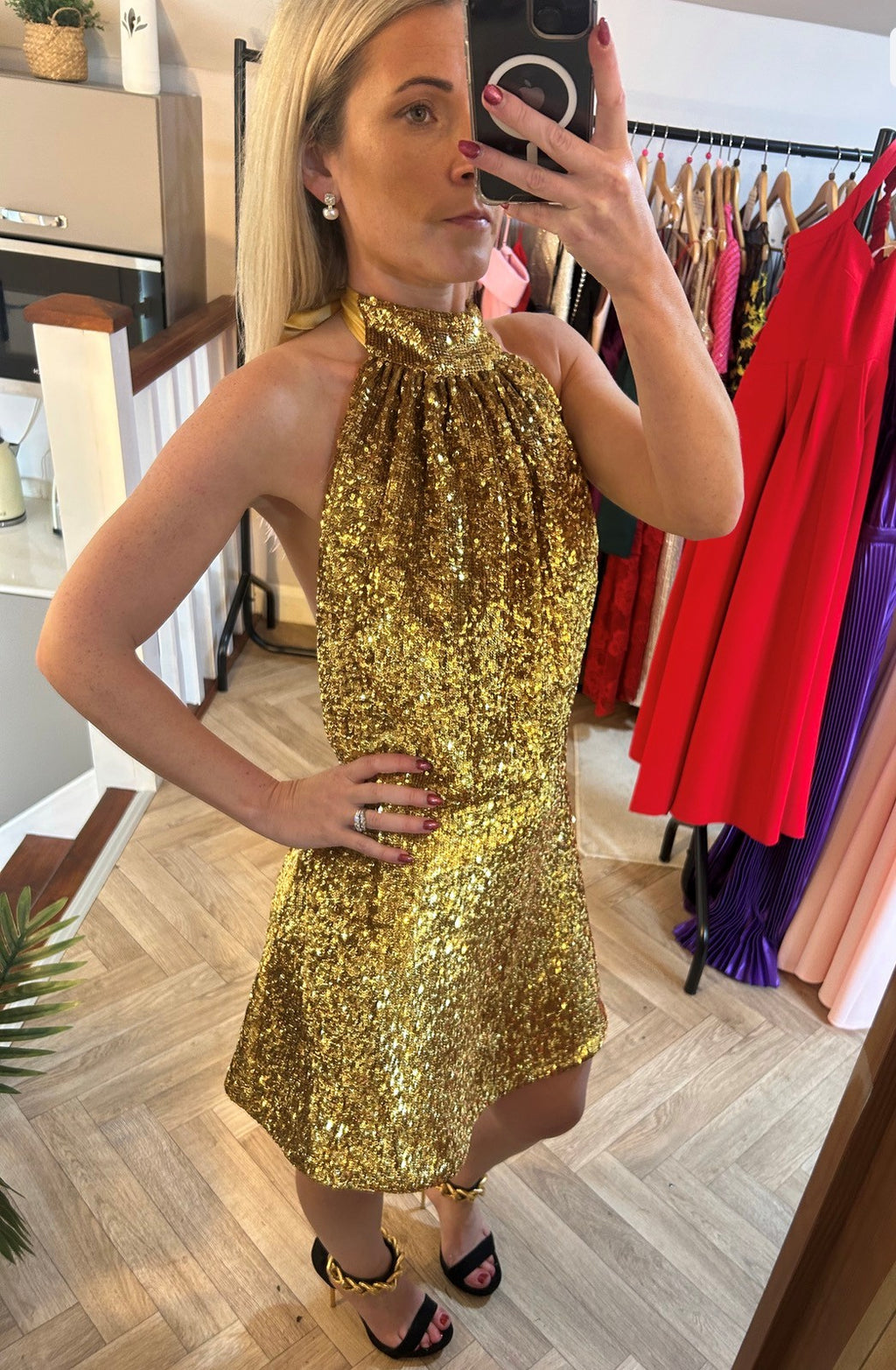 Harmur Gold Sequin Backless dress 100% silk lined-Dress Hire NI